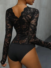 Black lace long sleeve bodysuit for women