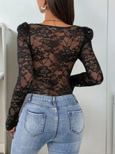 Black lace long sleeve bodysuit with blue jeans, highly stretchy