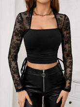 Black Lace Long Sleeve Crop Top and Leather Pants Set Black