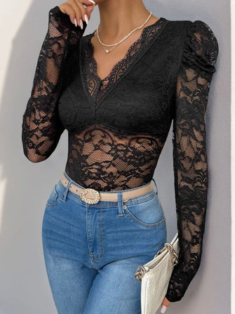 Black Lace Long Sleeve Puff-Sleeve Bodysuit for Women Black