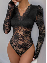 Black Lace Long Sleeve Puff-Sleeve Bodysuit for Women