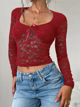 Black Lace Long Sleeve Semi Sheer Top for Women Burgundy