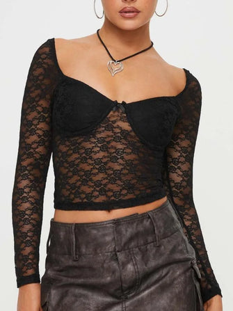 Black Lace Long Sleeve Semi Sheer Top for Women Black