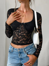 Black Lace Long Sleeve Semi Sheer Top for Women Black