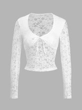 Black Lace Long Sleeve Semi Sheer Top for Women White Woman T Shirts