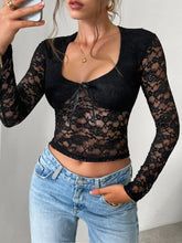 Black Lace Long Sleeve Semi Sheer Top for Women