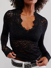Black Lace Long Sleeve Semi Sheer Top for Women