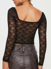 Black Lace Long Sleeve Semi Sheer Top for Women