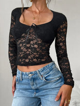 Black Lace Long Sleeve Semi Sheer Top for Women