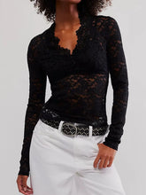 Black Lace Long Sleeve Semi Sheer Top for Women