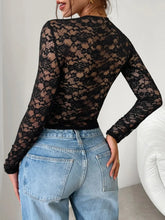 Black Lace Long Sleeve Semi Sheer Top for Women