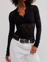 Black Lace Long Sleeve Semi Sheer Top for Women Woman T Shirts