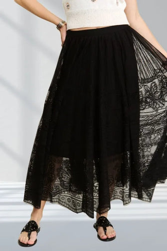 Black Lace Maxi Skirt with Elastic Waist and Raw Hem BLACK