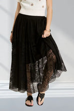 Black Lace Maxi Skirt with Elastic Waist and Raw Hem