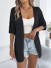 Black openwork half sleeve cardigan with textured 3/4 sleeves