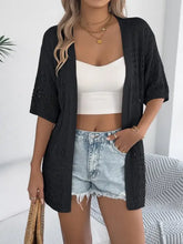 Black lace half sleeve cardigan with openwork open front design