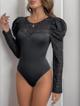 Black Lace Puff Sleeve Bodysuit with Leather Pants Woman Bodysuits