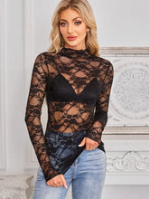 Black Lace Sheer Long Sleeve Top for Women Woman T Shirts