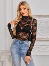 Black Lace Sheer Long Sleeve Top for Women Woman T Shirts