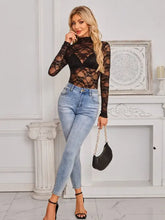 Black Lace Sheer Long Sleeve Top for Women Woman T Shirts