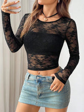 Black Lace Sheer Long Sleeve Top with Denim Mini Skirt for Women