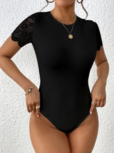 Black Lace Sleeve Ribbed Bodysuit for Women Black
