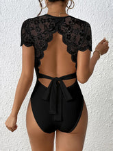 Black Lace Sleeve Ribbed Bodysuit for Women