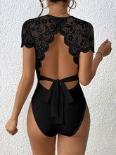Black lace sleeve ribbed bodysuit for women with lace back