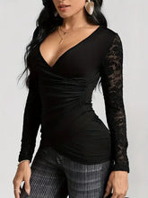 Black Lace Sleeve V-Neck Wrap Top for Women Black Woman T Shirts