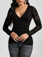 Black Lace Sleeve V-Neck Wrap Top for Women