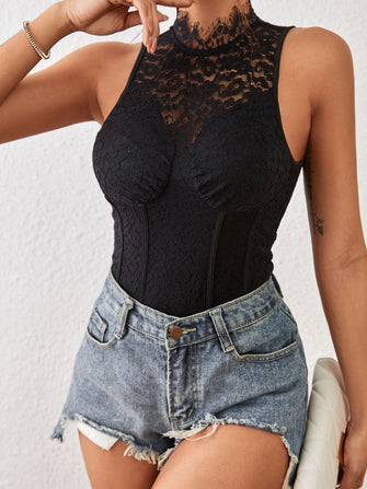 Black Lace Sleeveless Bodysuit with Moderate Stretch Black