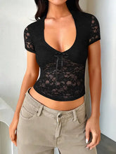 Black Lace Tie Front V Neck Top for Women Black Woman T Shirts