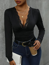 Black Lace Trim Long Sleeve Bodysuit for Women