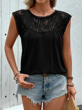 Black Lace Trim Sleeveless Semi Sheer Blouse for Women Black