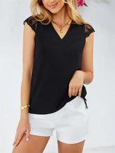 Black Lace Trim V Neck Blouse with Cap Sleeves