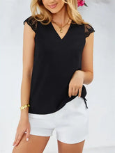 Black Lace Trim V Neck Blouse with Cap Sleeves Woman T Shirts