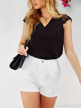 Black Lace Trim V Neck Blouse with Cap Sleeves Woman T Shirts