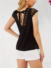 Black Lace Trim V Neck Blouse with Cap Sleeves Woman T Shirts