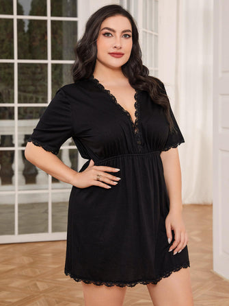 Black Lace Trimmed Short Sleeve Nightgown for Women Black