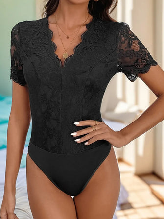 Black Lace V-Neck Bodysuit for Women Black