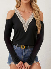 Black Lace V-Neck Cold Shoulder Long Sleeve Top for Women Black