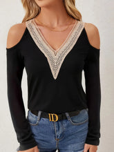 Black Lace V-Neck Cold Shoulder Long Sleeve Top for Women