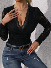 Black Lace V Neck Long Sleeve Bodysuit