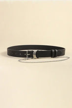 Black leather alloy chain belt with silver buckle and chain detail