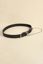 Black leather alloy chain belt with silver buckle and chain detail