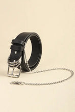 Black leather alloy chain belt with silver buckle and chain detail