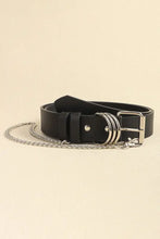 Black leather alloy chain belt with silver buckle detail