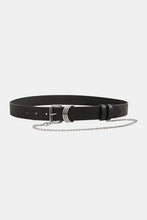 Black leather alloy chain belt with silver buckle and dangling chain