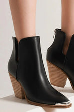Black Leather Ankle Boots with Block Heel and Pointed Metal Tip Toe