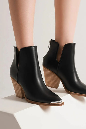 Black Leather Ankle Boots with Block Heel and Pointed Metal Tip Toe Black